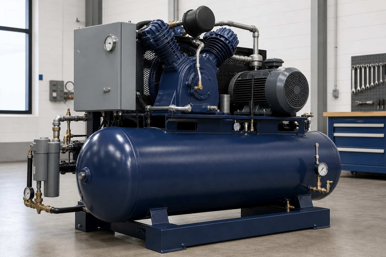 Compressor industrial d'alta pressió en un taller